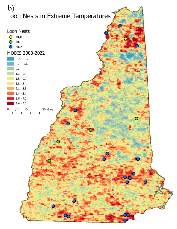 A map of New Hampshire showing a range to extreme temperatures with eight dots representing locations of loon nests