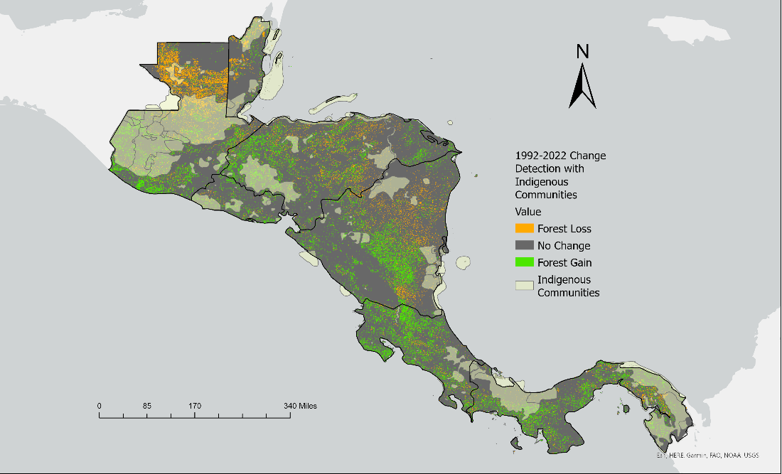 A map of Central America with green showing areas of forest growth and yellow showing areas of forest loss from 1992 to 2022, and light tan showing indigenous areas